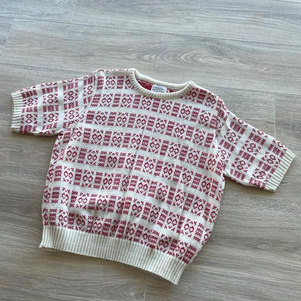 Folio by Fire Islander Women's Medium Red & Cream Patterned Short Sleeve Sweater